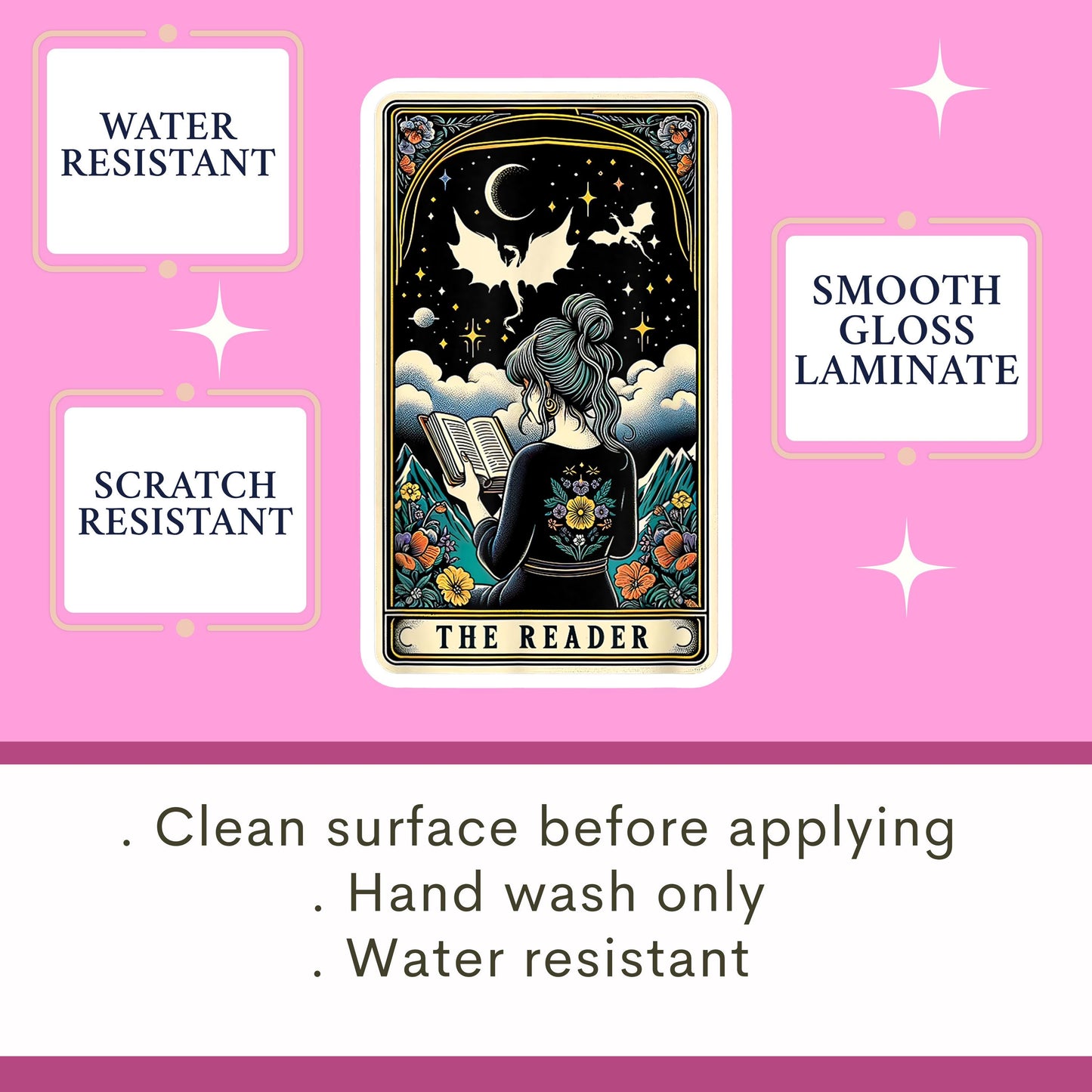 The image is a collage of various texts and images, including a tarot card with a woman reading a book, and text boxes providing information about the product.