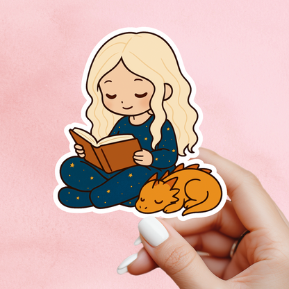 Girl and Dragon Reading Sticker