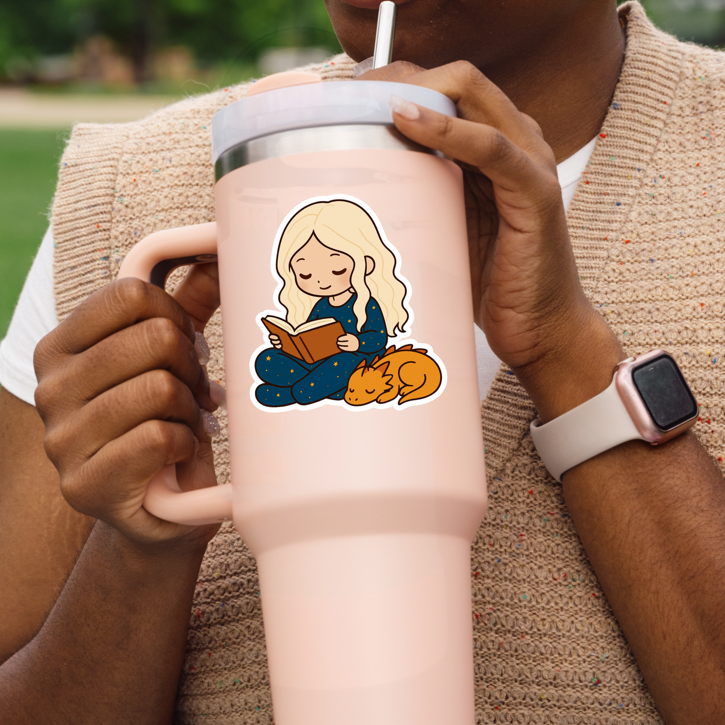 Girl and Dragon Reading Sticker