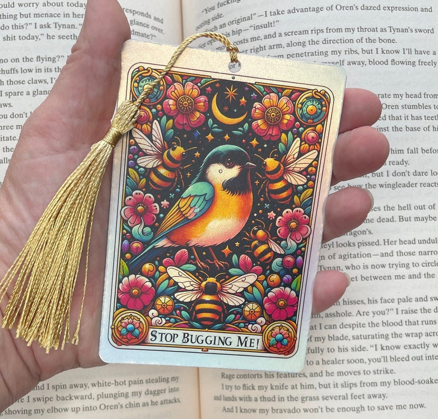 Don’t bug me Tarot card Bookmark, holographic bookmark, Gothic Bookmark, Booktok Bookmark, Bookish Gifts for Readers, Handmade Bookmark