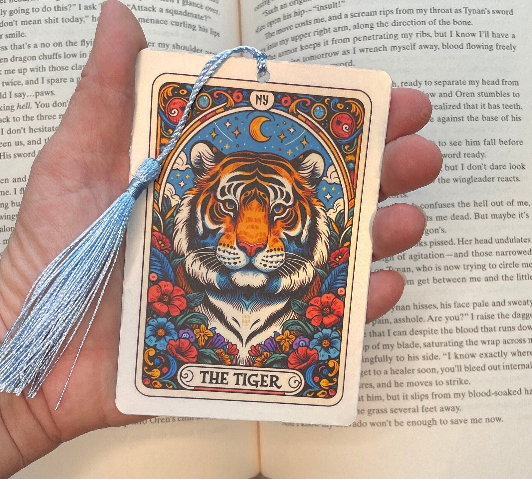 Tiger Tarot card Bookmark, holographic bookmark, Gothic Bookmark, Booktok Bookmark, Bookish Gifts for Readers, Handmade Bookmark, Tiger love
