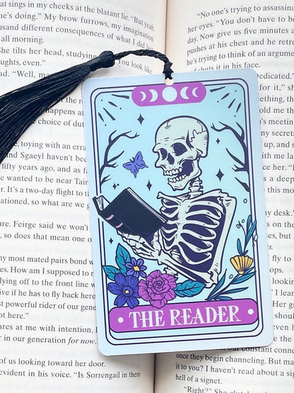 The Reader Skeleton Tarot Bookmark, holographic bookmark, Gothic Bookmark, Booktok Bookmark, Bookish Gifts for Readers, Handmade Bookmark