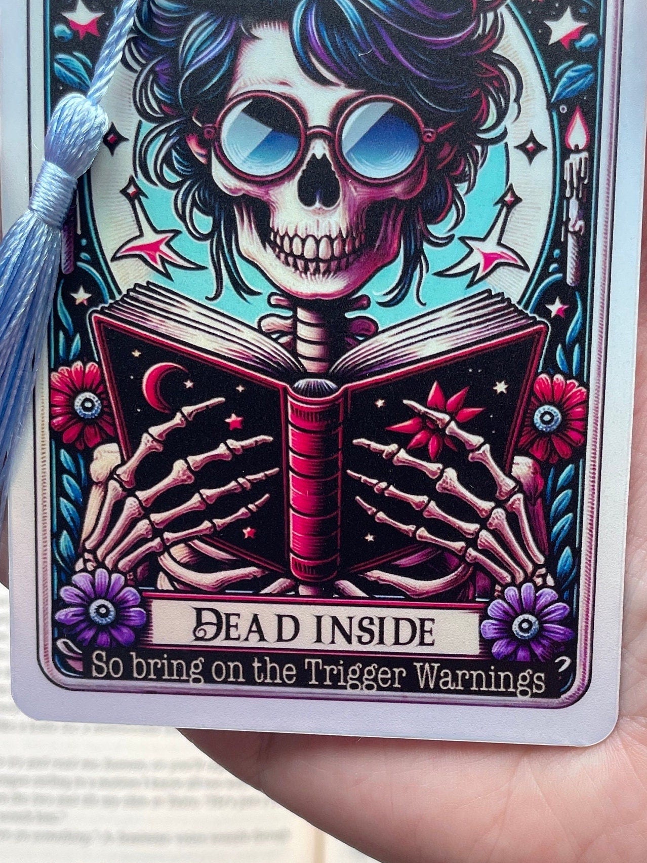 The reader card Bookmark, trigger warrings, holographic bookmark, Gothic Bookmark, Bookmark, Bookish Gifts for Readers, Handmade Bookmark,