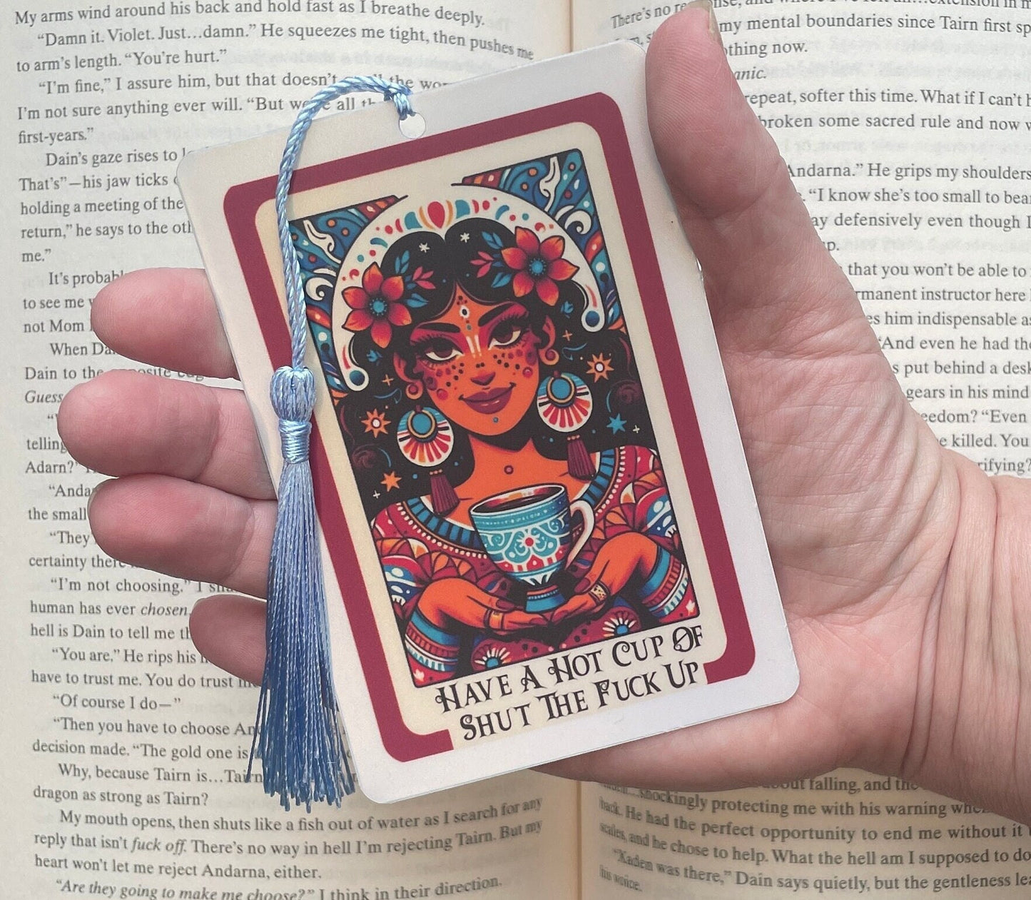 Shut the fuck up Tarot card Bookmark, holographic bookmark, Gothic Bookmark, Booktok Bookmark, Bookish Gifts for Readers, Handmade Bookmark