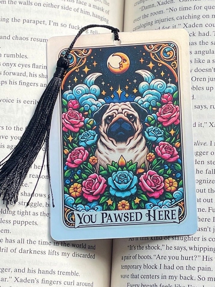 Pug Tarot card Bookmark, holographic bookmark, Gothic Bookmark, Booktok Bookmark, Bookish Gifts for Readers, Handmade Bookmark, pug lover