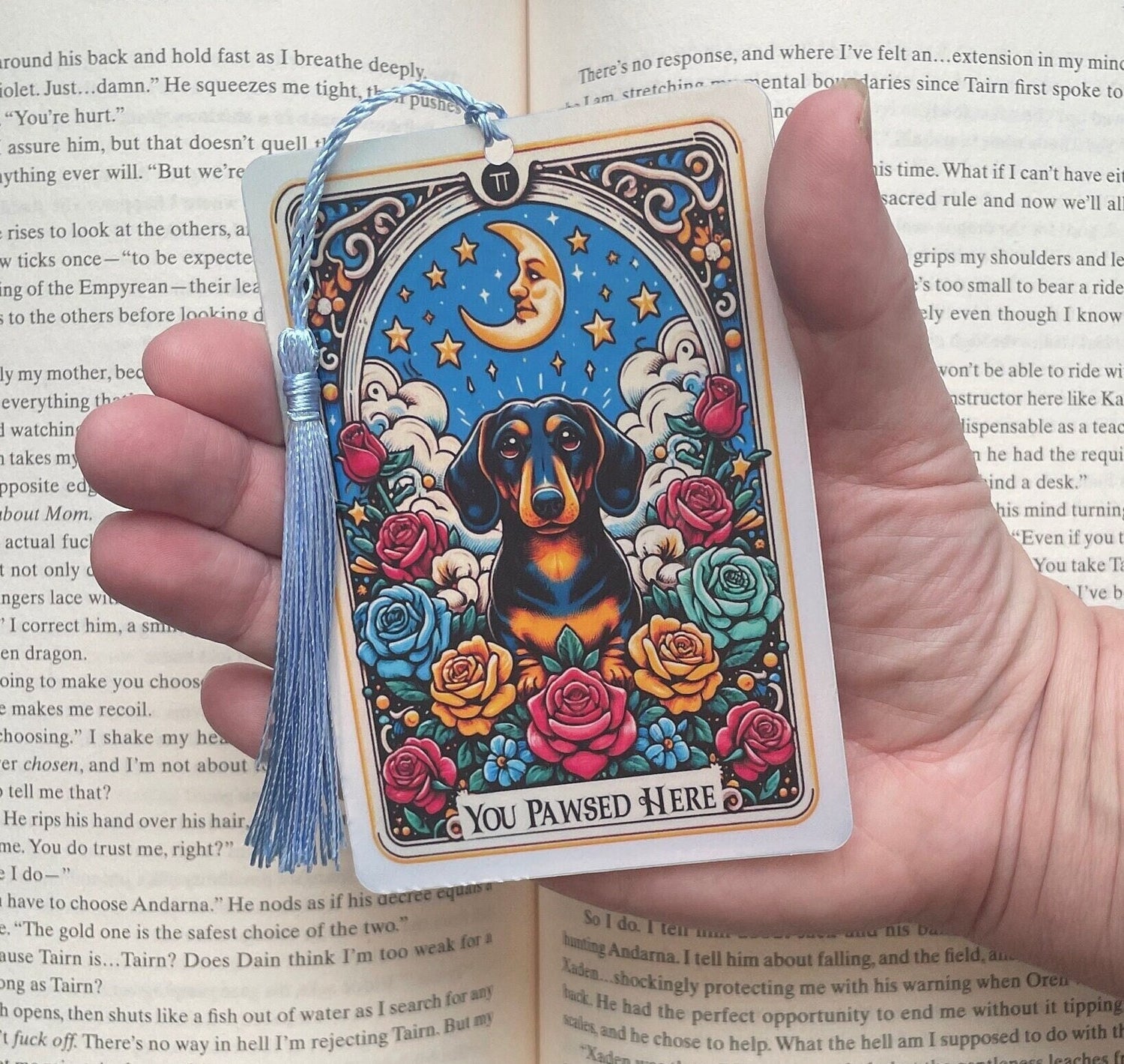 Dachshund Tarot card Bookmark, holographic bookmark, Gothic Bookmark, Booktok Bookmark, Bookish Gifts for Readers, Handmade Bookmark