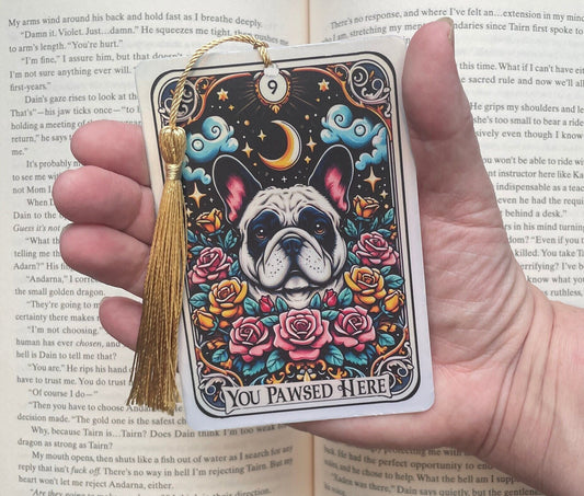 French bulldog Tarot card Bookmark, holographic bookmark, Gothic Bookmark, Booktok Bookmark, Bookish Gifts for Readers, Handmade Bookmark