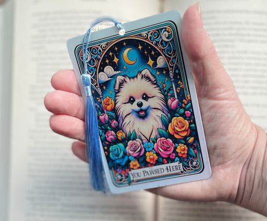 Pomeranian Tarot card Bookmark, holographic bookmark, Gothic Bookmark, Booktok Bookmark, Bookish Gifts for Readers, Handmade Bookmark