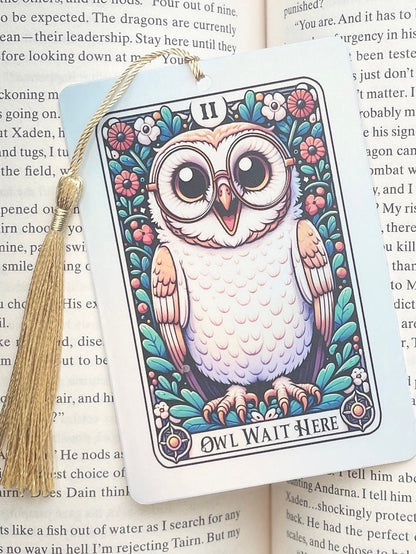 Owl Wait Here Tarot card Bookmark, holographic bookmark, Gothic Bookmark, Booktok Bookmark, Bookish Gifts for Readers, Handmade Bookmark