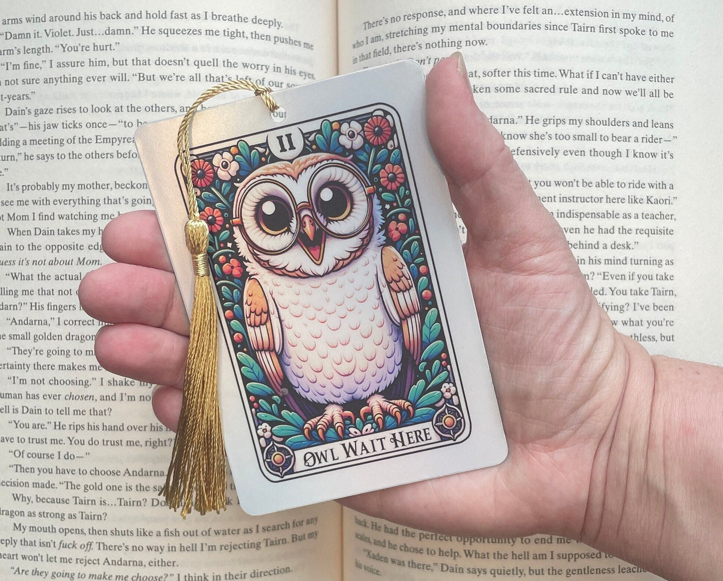 Owl Wait Here Tarot card Bookmark, holographic bookmark, Gothic Bookmark, Booktok Bookmark, Bookish Gifts for Readers, Handmade Bookmark