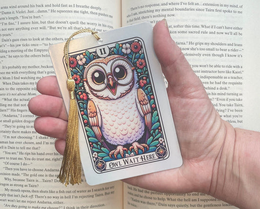 Owl Wait Here Tarot card Bookmark, holographic bookmark, Gothic Bookmark, Booktok Bookmark, Bookish Gifts for Readers, Handmade Bookmark