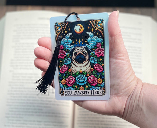 Pug Tarot card Bookmark, holographic bookmark, Gothic Bookmark, Booktok Bookmark, Bookish Gifts for Readers, Handmade Bookmark, pug lover