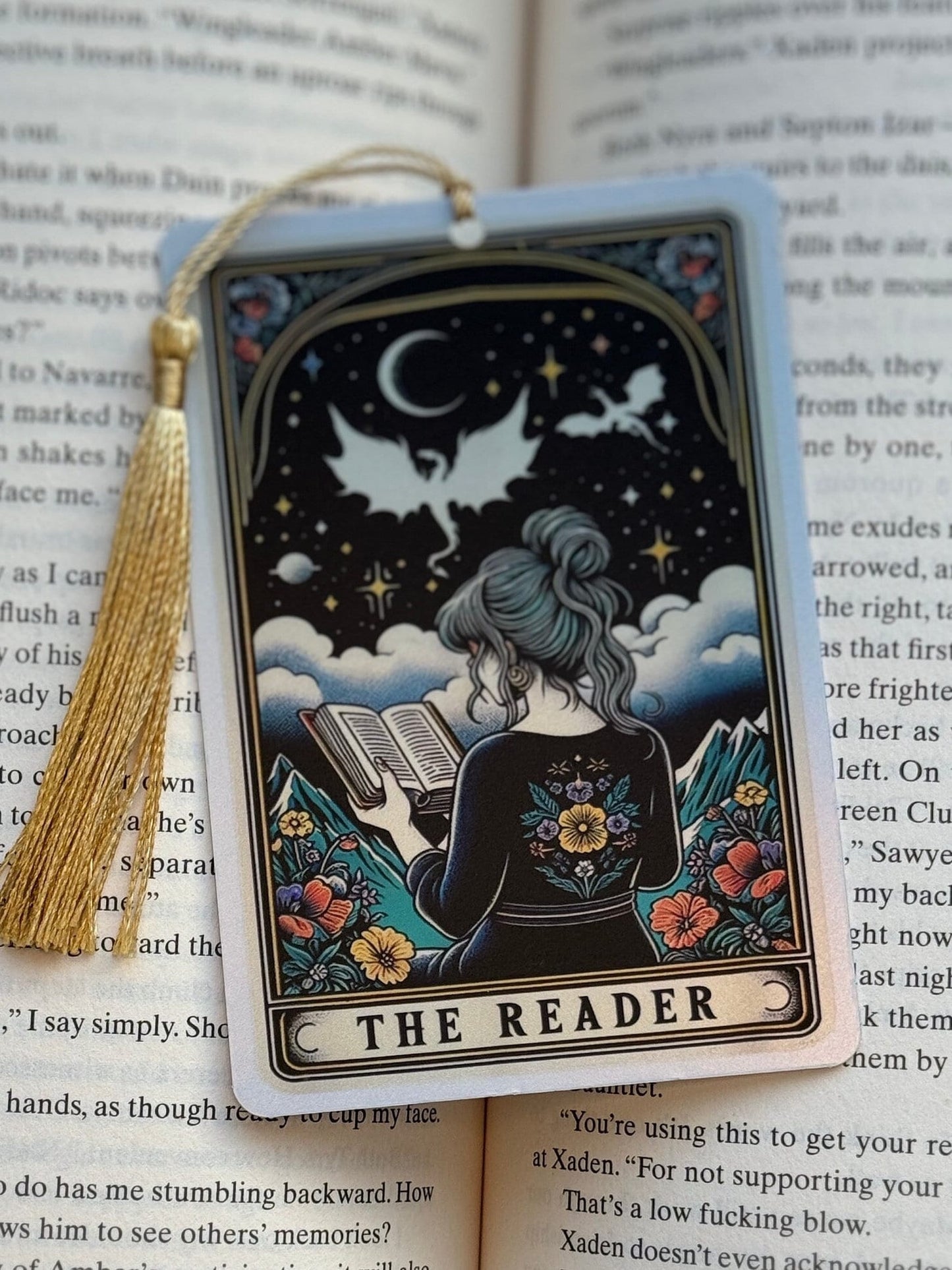 The reader card Bookmark, trigger warrings, holographic bookmark, Gothic Bookmark, Bookmark, Bookish Gifts for Readers, Handmade Bookmark,