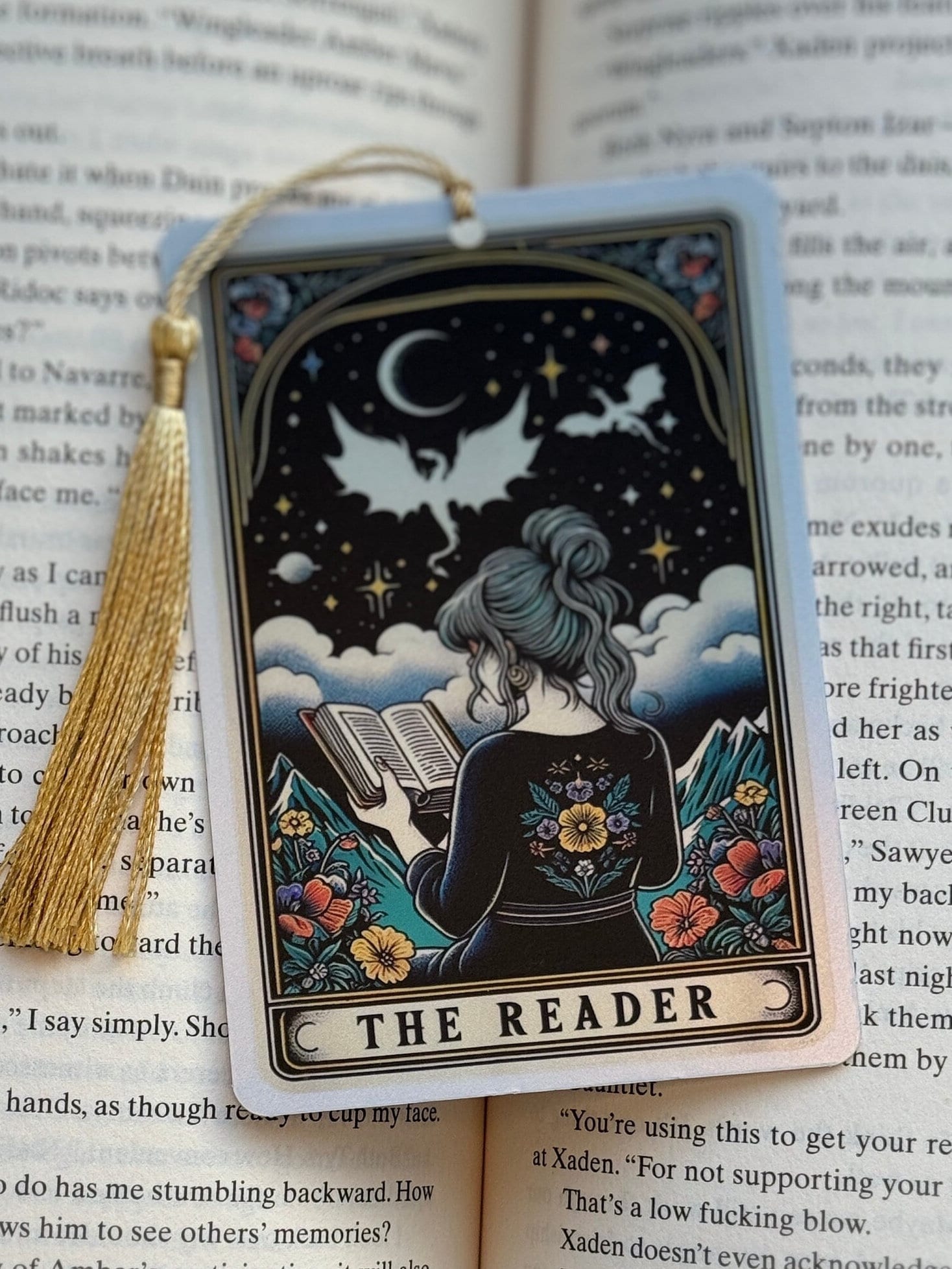 The reader card Bookmark, trigger warrings, holographic bookmark, Gothic Bookmark, Bookmark, Bookish Gifts for Readers, Handmade Bookmark,
