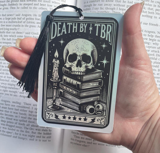 Death by TBR Tarot card Bookmark, holographic bookmark, Gothic Bookmark, Booktok Bookmark, Bookish Gifts for Readers, Handmade Bookmark