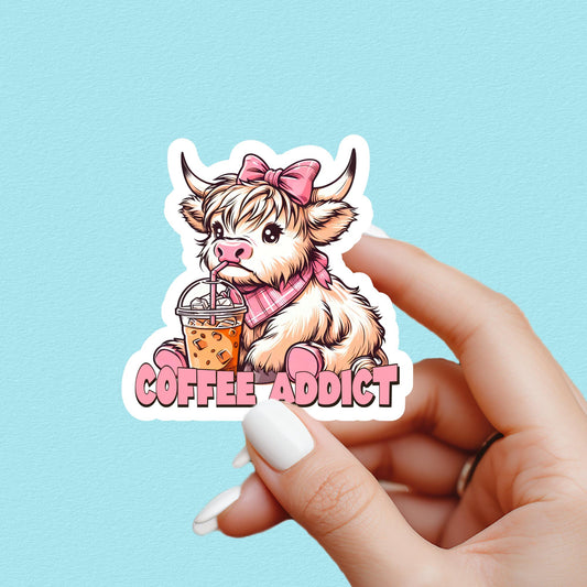Coffee addict sticker, highland cow sticker, cute cow sticker, coffee lover sticker, book sticker, kindle sticker, stickers for kindle