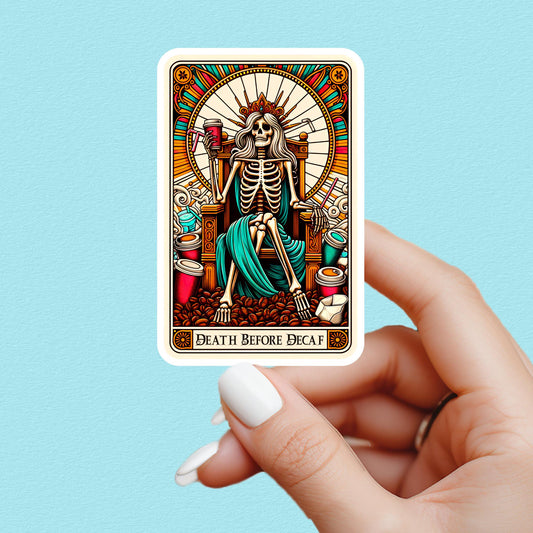 Death before decafe sticker, Coffee sticker, sticker, booktok sticker, Kindle sticker, tarot sticker, bookish sticker, book lover sticker