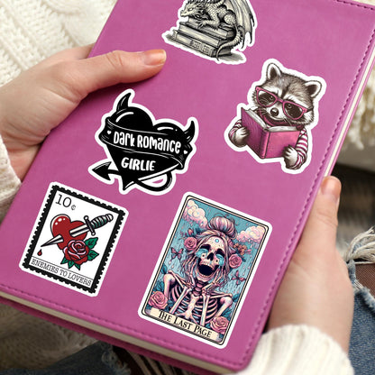 The last page sticker, book tarot sticker, skeleton sticker, booktok sticker, Kindle sticker, tarot sticker, bookish sticker, book sticker