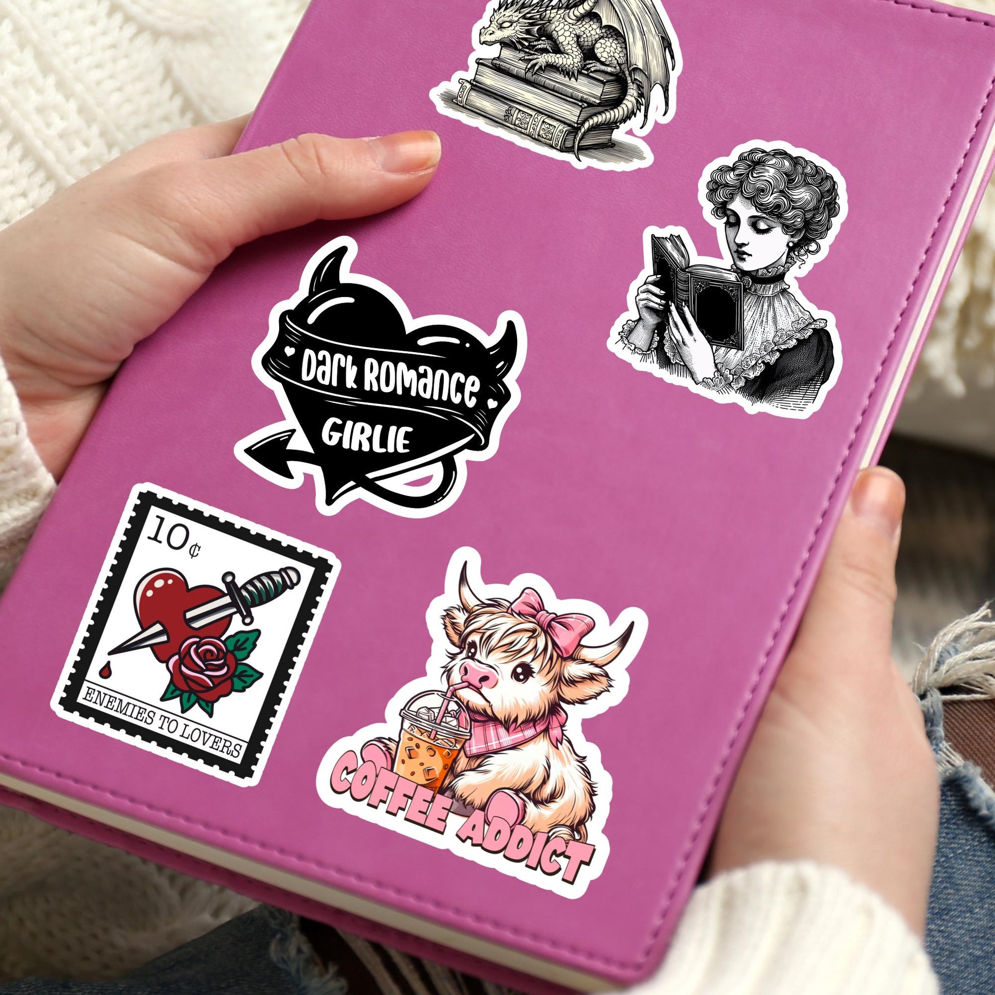 Coffee addict sticker, highland cow sticker, cute cow sticker, coffee lover sticker, book sticker, kindle sticker, stickers for kindle
