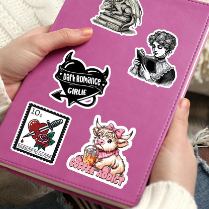 Coffee addict sticker, highland cow sticker, cute cow sticker, coffee lover sticker, book sticker, kindle sticker, stickers for kindle