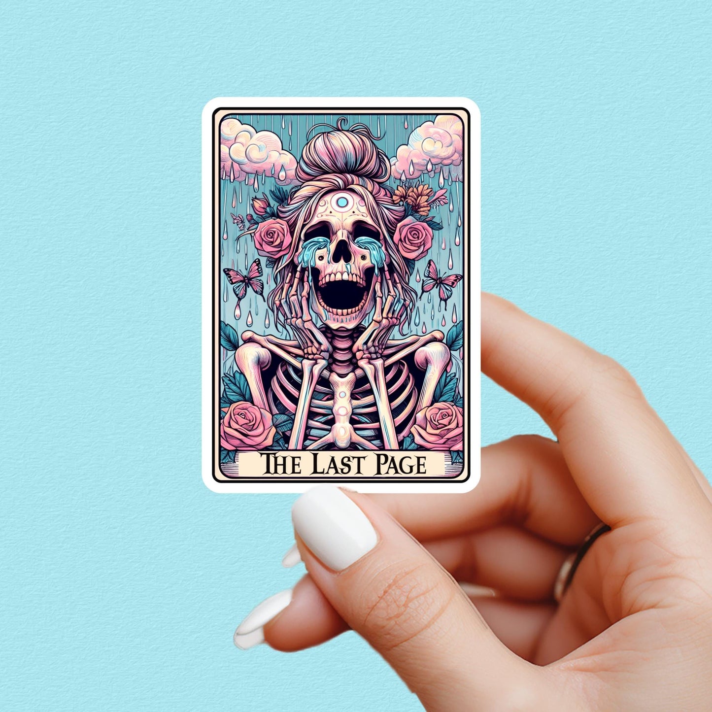 The last page sticker, book tarot sticker, skeleton sticker, booktok sticker, Kindle sticker, tarot sticker, bookish sticker, book sticker