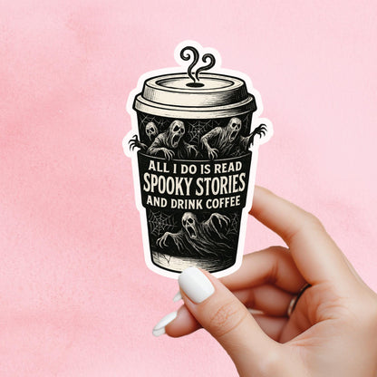 Spooky sticker, Reading sticker, horror sticker, coffee and books, Halloween Sticker, fantasy Sticker, Kindle Stickers, cute Halloween art
