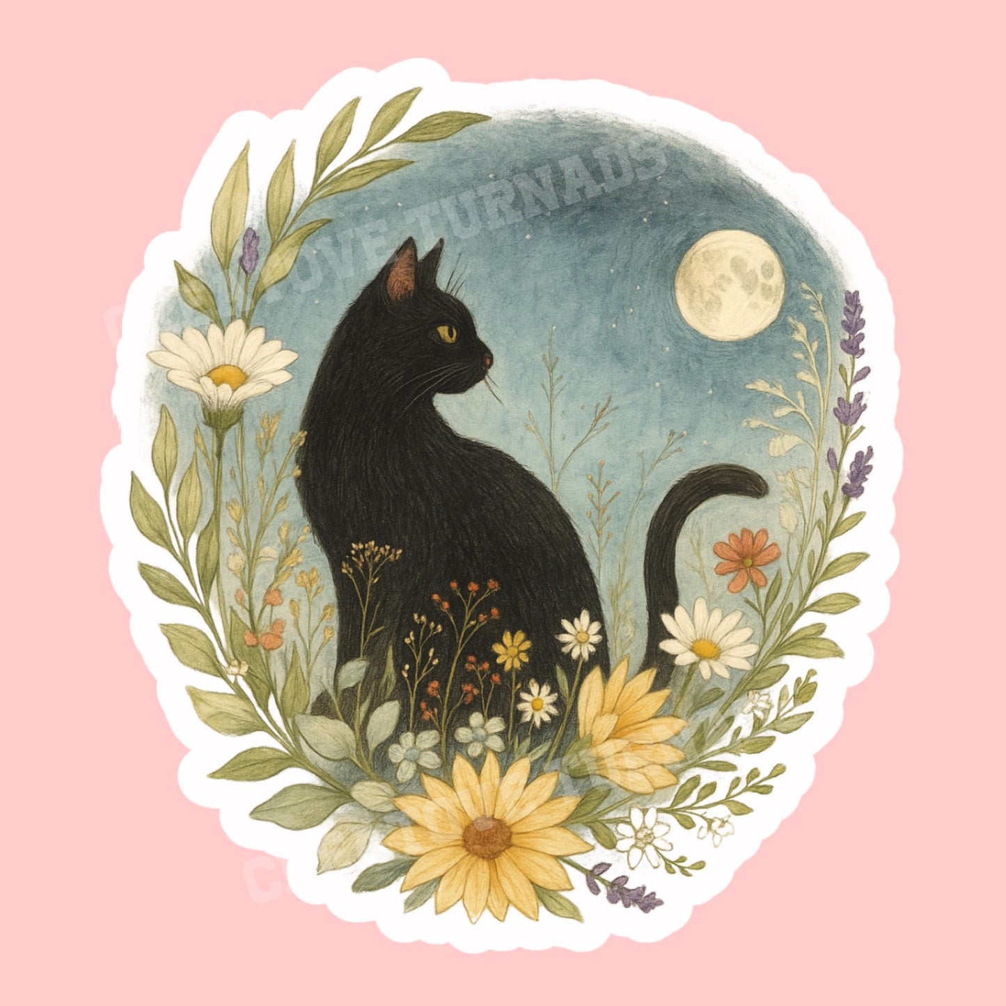 Black cat wildflowers Sticker, witch Sticker, gothic sticker, Fantasy Bookish Merch, Book Lover Gift, Kindle Stickers, black cat sticker