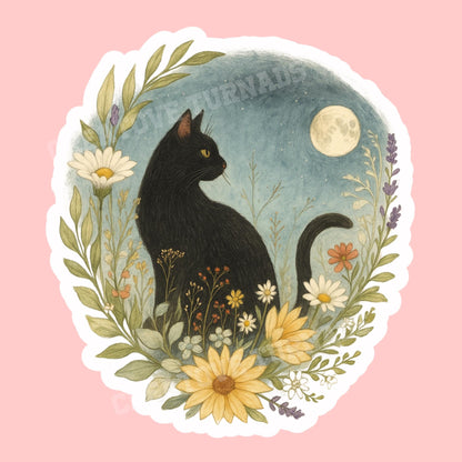 Black cat wildflowers Sticker, witch Sticker, gothic sticker, Fantasy Bookish Merch, Book Lover Gift, Kindle Stickers, black cat sticker