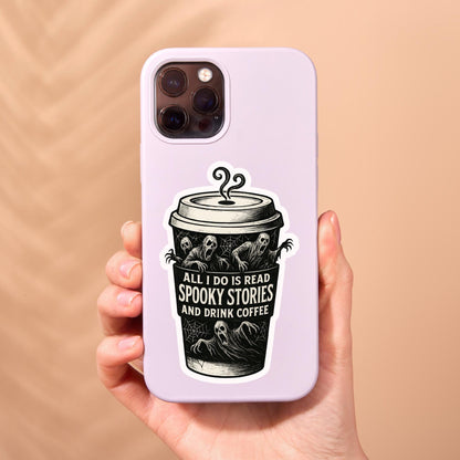 Spooky sticker, Reading sticker, horror sticker, coffee and books, Halloween Sticker, fantasy Sticker, Kindle Stickers, cute Halloween art