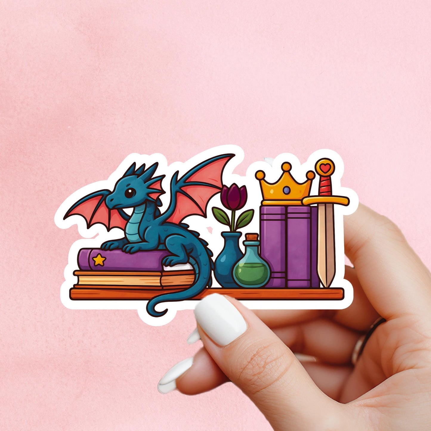 Fantasy bookshelf sticker, Reading sticker, Dragon Book Sticker, fantasy Sticker, Fantasy Bookish Merch, e-reader Kindle Stickers