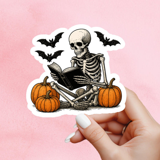 Halloween Sticker, skeleton reading Sticker, gothic sticker, cute sticker Halloween, spooky sticker, water bottle sticker Halloween,