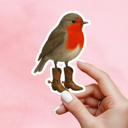 Cowboy robin Sticker, little bird sticker, Wildlife sticker, nature sticker, cowboy boots sticker, bird watcher sticker, woodland sticker