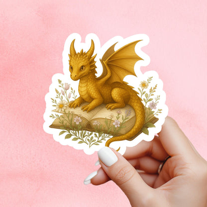 Golden Dragon Book Sticker, Cute Vinyl Sticker, Fantasy Bookish Merch, Book Lover Gift, e-reader Kindle Stickers, Reading Lover, Booktok