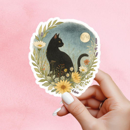 Black cat wildflowers Sticker, witch Sticker, gothic sticker, Fantasy Bookish Merch, Book Lover Gift, Kindle Stickers, black cat sticker