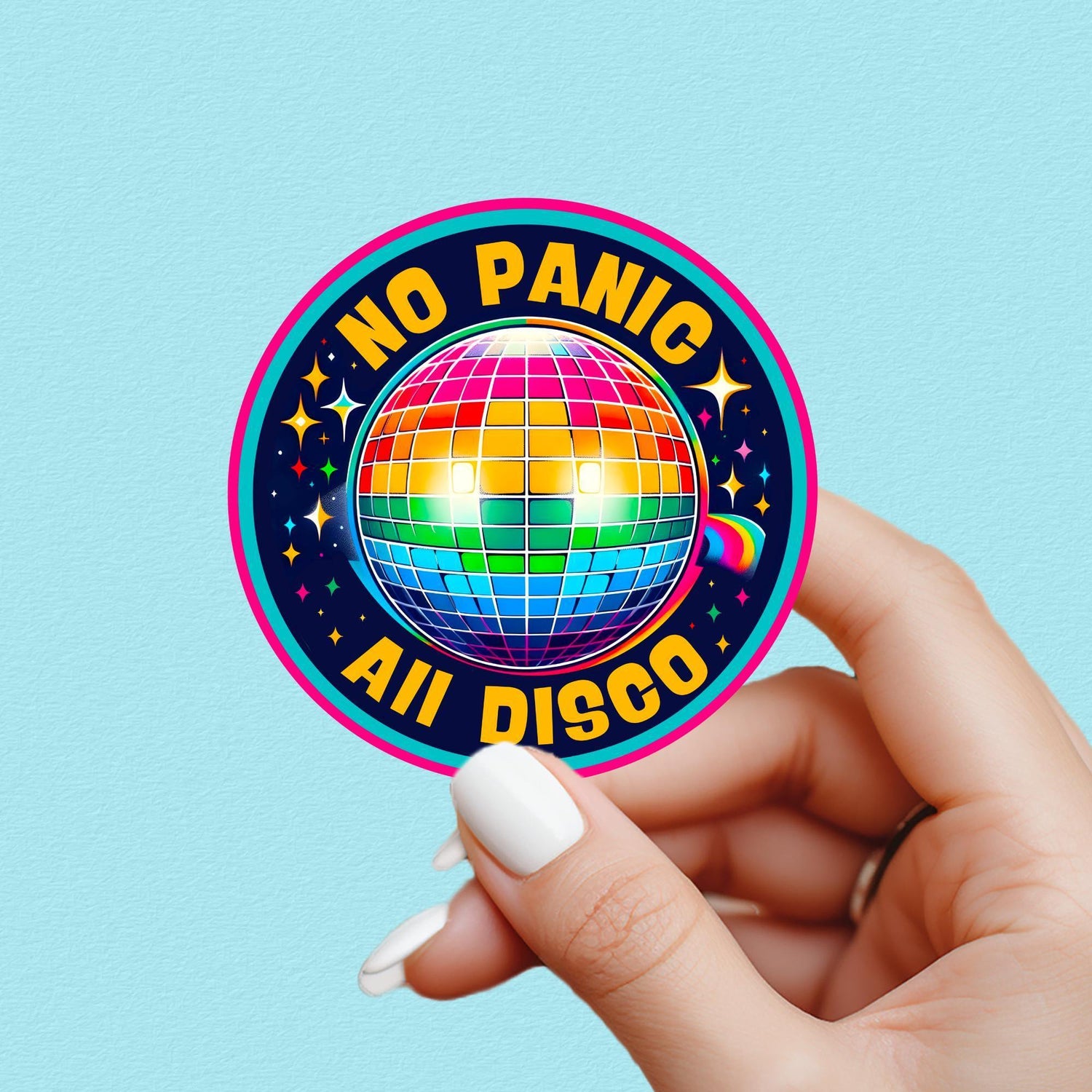 funny mental health sticker. text on sticker center and the text 'NO PANIC ALL DISCO'. great gift for water bottle sticker lover.