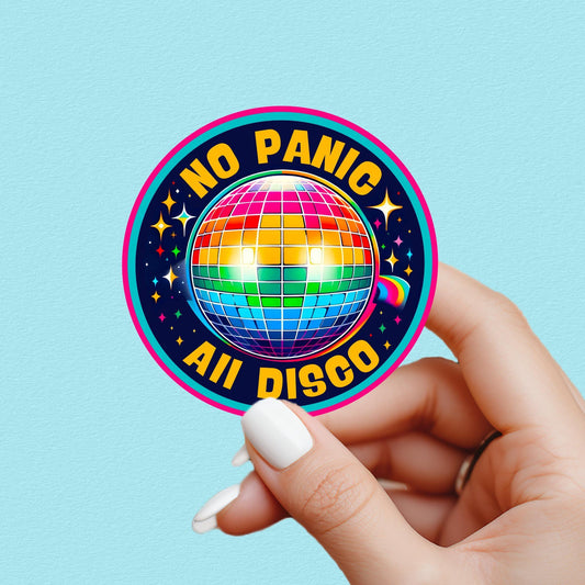 funny mental health sticker. text on sticker center and the text 'NO PANIC ALL DISCO'. great gift for water bottle sticker lover.
