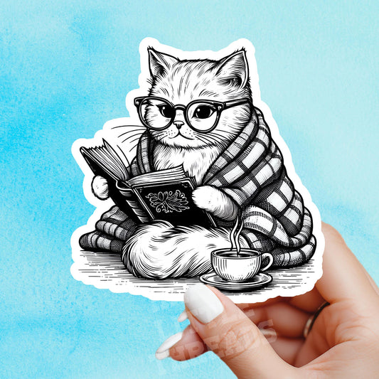 Cat Book Sticker, vintage cat reading, fantasy cat Sticker, Fantasy Bookish Merch, Book Lover Gift, Kindle Stickers, black cat sticker