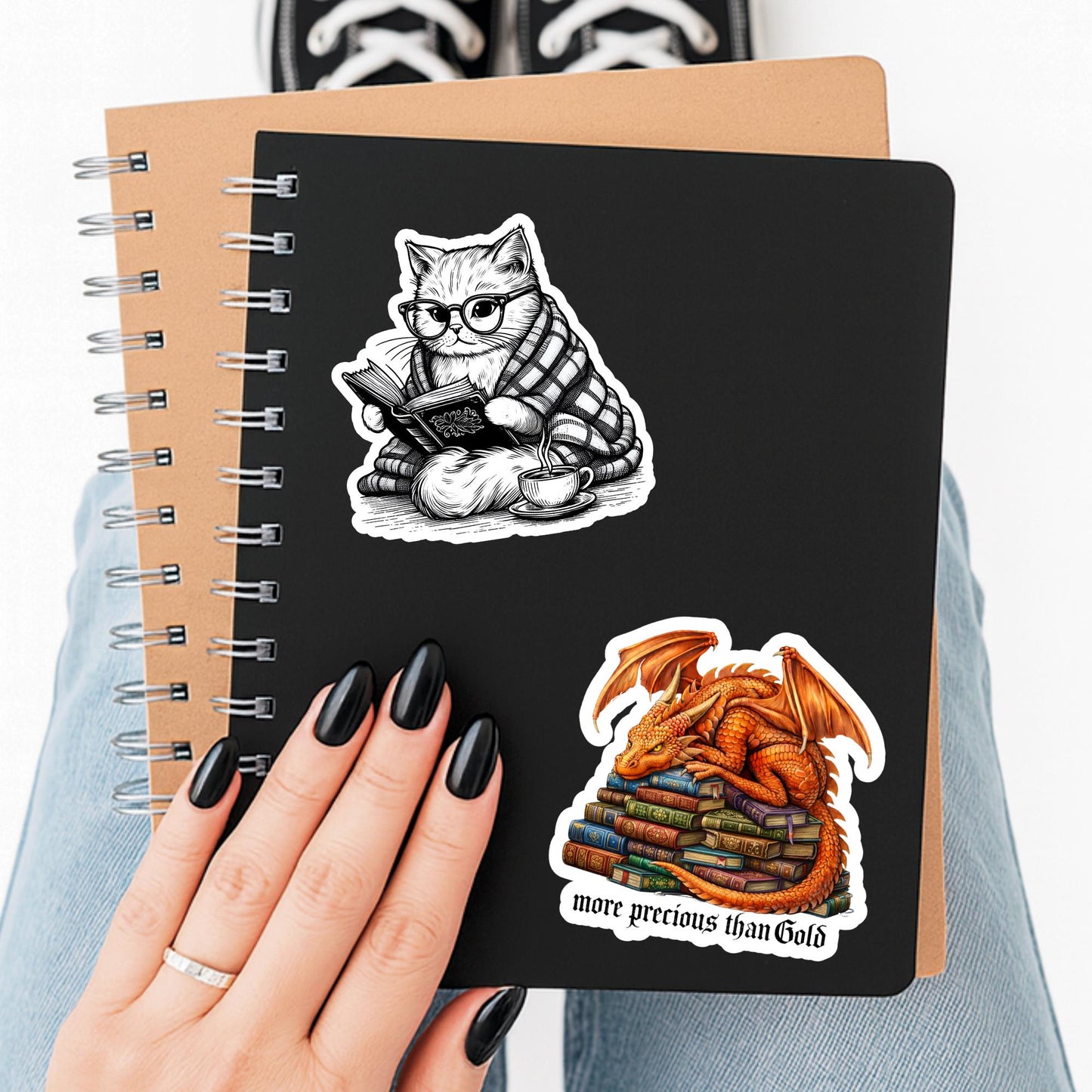 Cat Book Sticker, vintage cat reading, fantasy cat Sticker, Fantasy Bookish Merch, Book Lover Gift, Kindle Stickers, black cat sticker