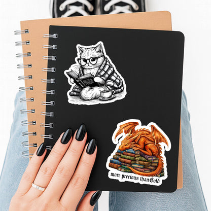Cat Book Sticker, vintage cat reading, fantasy cat Sticker, Fantasy Bookish Merch, Book Lover Gift, Kindle Stickers, black cat sticker