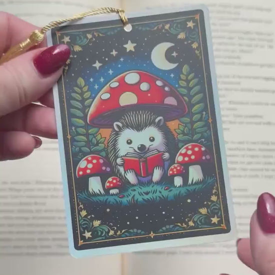 Hedgehog reading bookmark, Tarot card Bookmark, fantasy bookmark, Gothic Bookmark, Bookish Gifts for Readers, Handmade Bookmark,