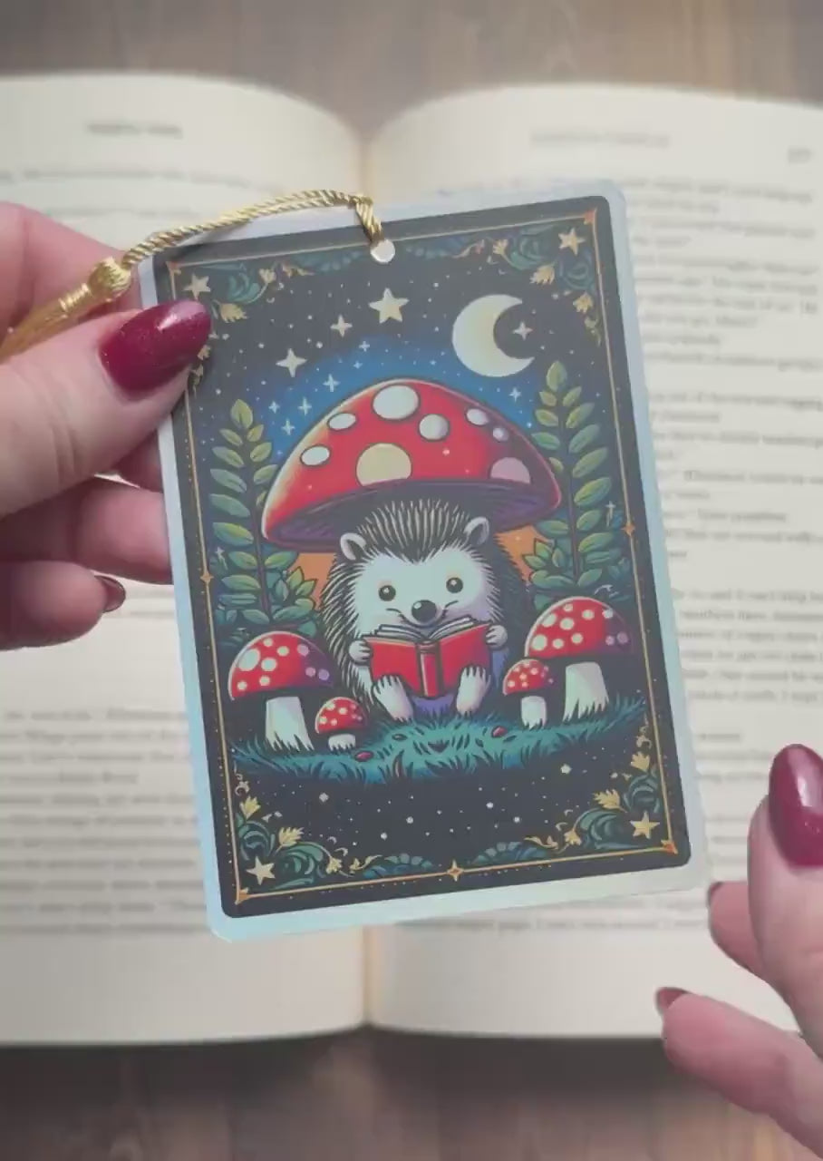 Hedgehog reading bookmark, Tarot card Bookmark, fantasy bookmark, Gothic Bookmark, Bookish Gifts for Readers, Handmade Bookmark,